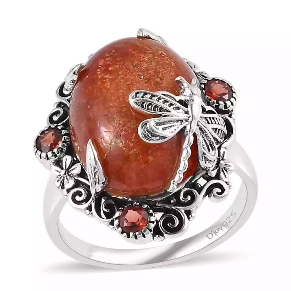 Sri Lankan Sunstone & Garnet Dragonfly Ring Sterling 925 Silver Size 8. 9.25 CTW